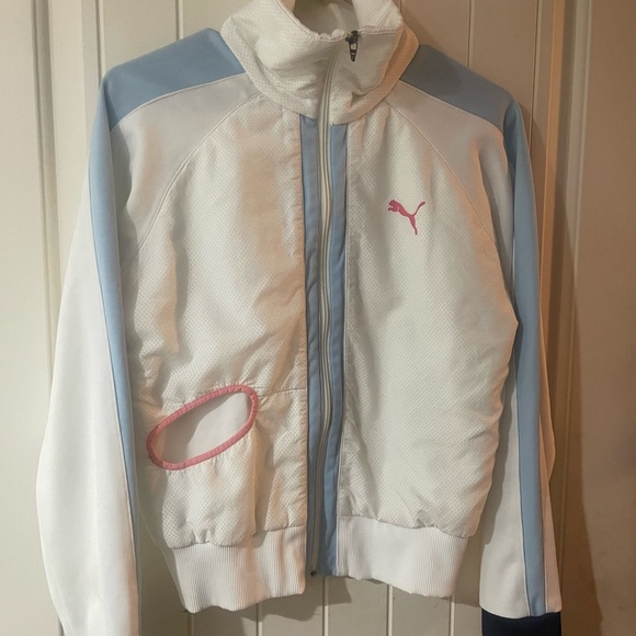Puma White and Light Blue Jacket with Pink Logo - Picture 1 of 2